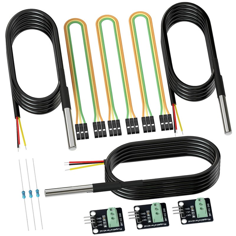 DROK 3 Pack Waterproof DS18B20 Temperature Sensor Probes with 3 Pack Probe Adapter Boards, Female to Female Jumper Wires and 4.7K ohm Resistors for Arduino Raspberry Pi DIY - Image 1